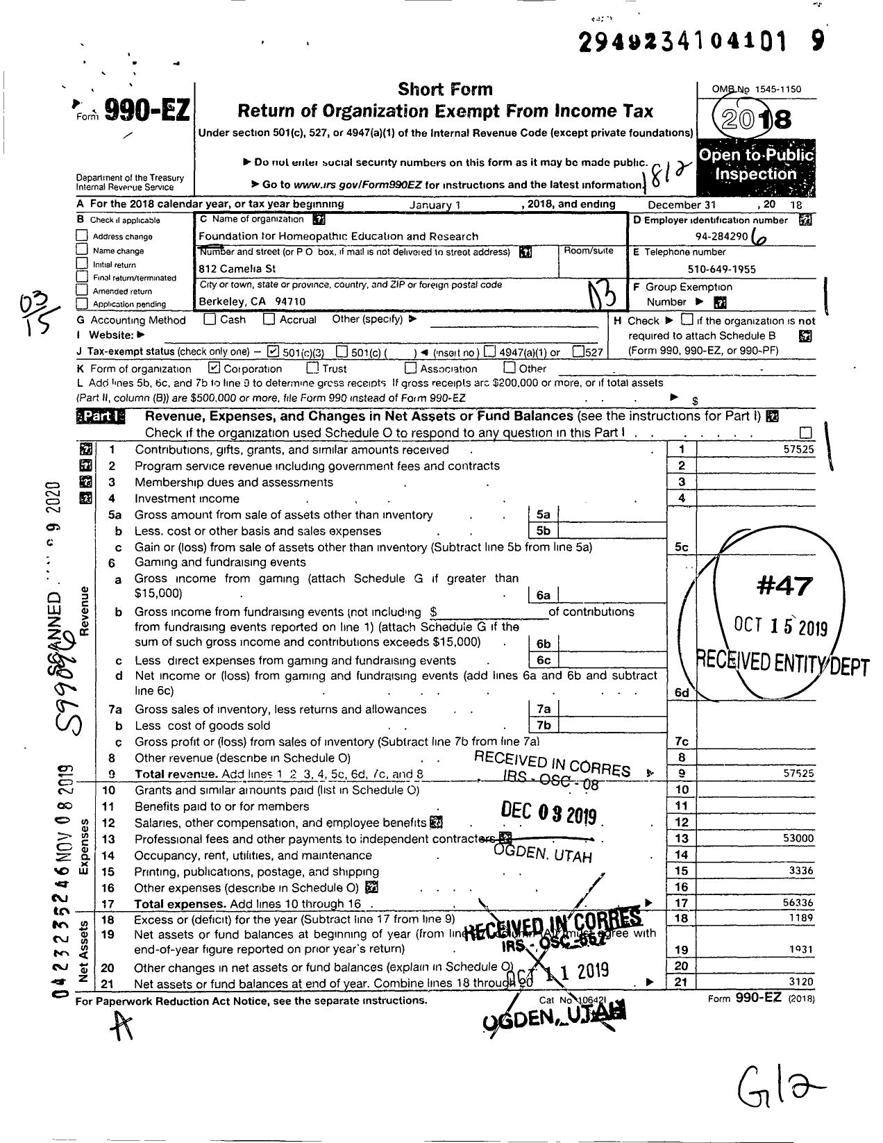 Image of first page of 2018 Form 990EZ for FOUNDATIoN FOR HOMEOPATHIC EDUCATION AND RESEARCh