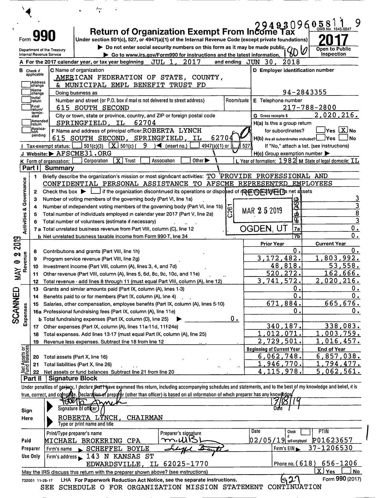 Image of first page of 2017 Form 990O for American Federation of State County and Municipal Empl Benefit Trust Fund