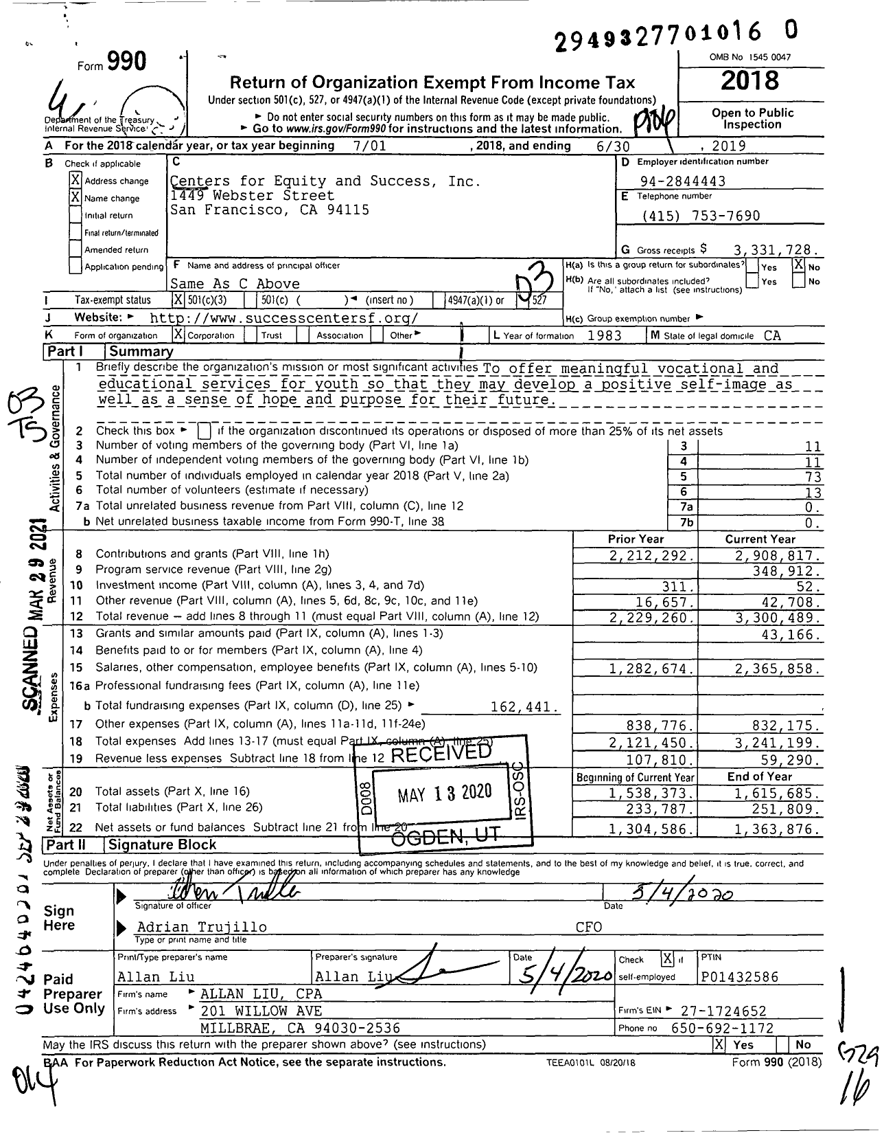 Image of first page of 2018 Form 990 for Centers for Equity and Success