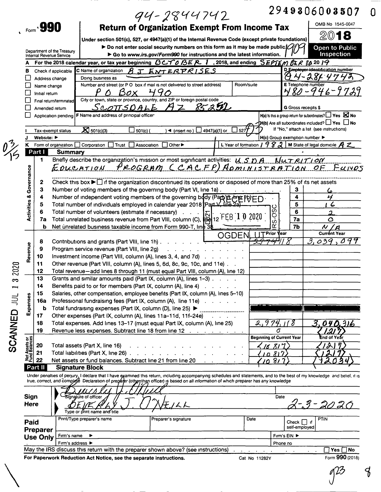 Image of first page of 2018 Form 990 for B J Enterprises