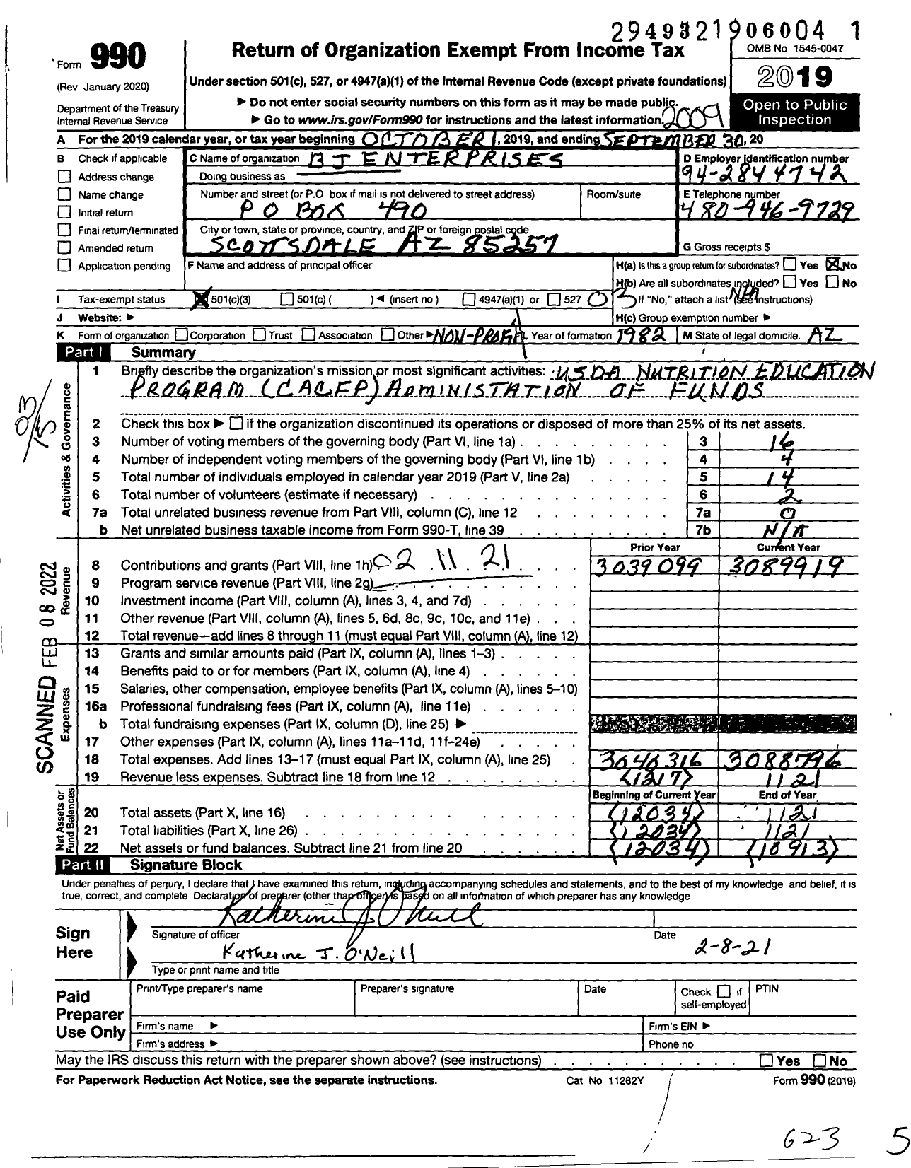 Image of first page of 2019 Form 990 for B J Enterprises