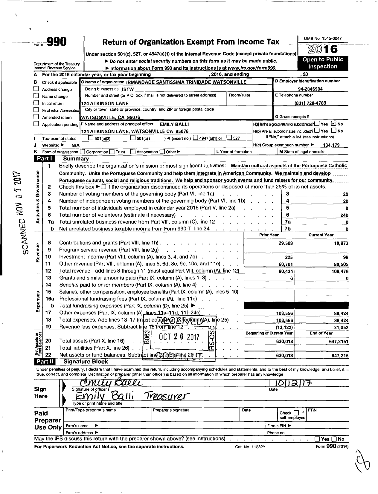 Image of first page of 2016 Form 990O for Irmandade Santissima Trinidade Watsonville