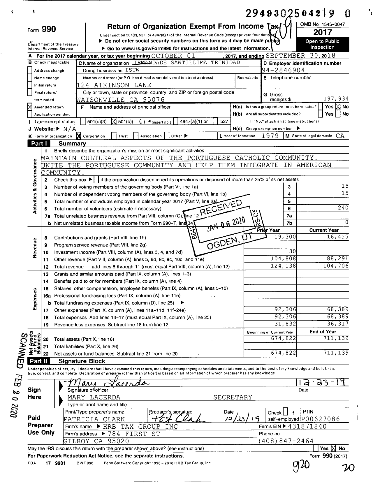 Image of first page of 2017 Form 990O for Irmandade Santissima Trinidade Watsonville