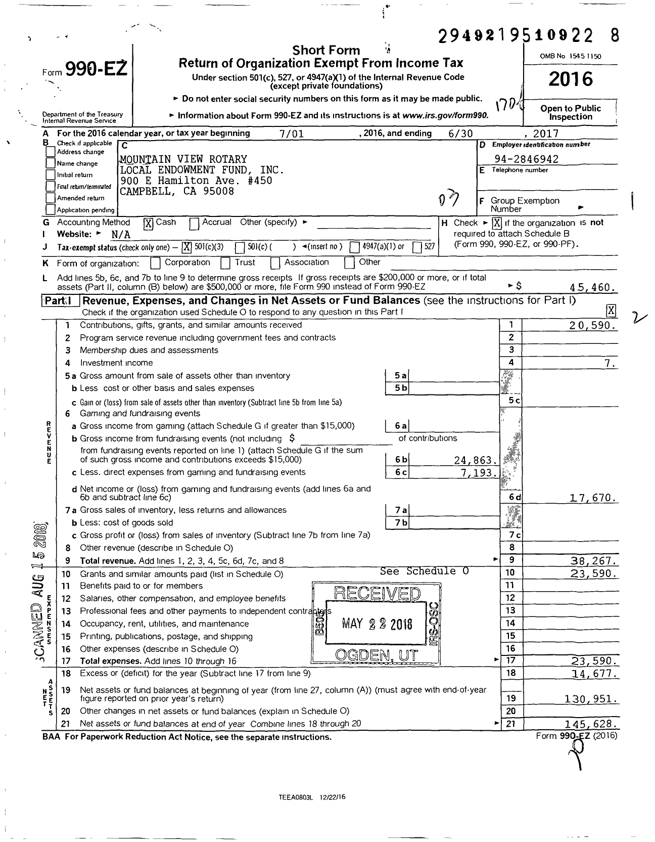 Image of first page of 2016 Form 990EZ for Mountain View Rotary Local Endowment Fund