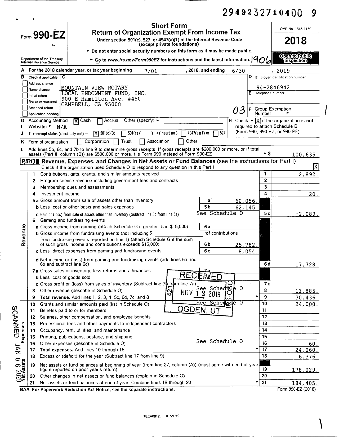 Image of first page of 2018 Form 990EZ for Mountain View Rotary Local Endowment Fund