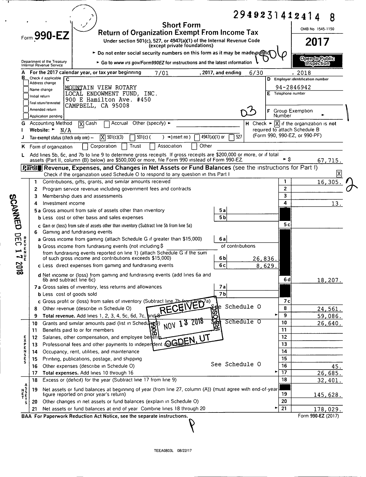 Image of first page of 2017 Form 990EZ for Mountain View Rotary Local Endowment Fund