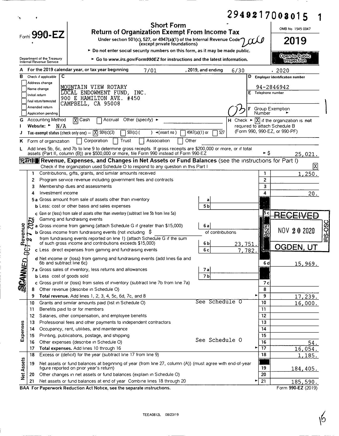 Image of first page of 2019 Form 990EZ for Mountain View Rotary Local Endowment Fund