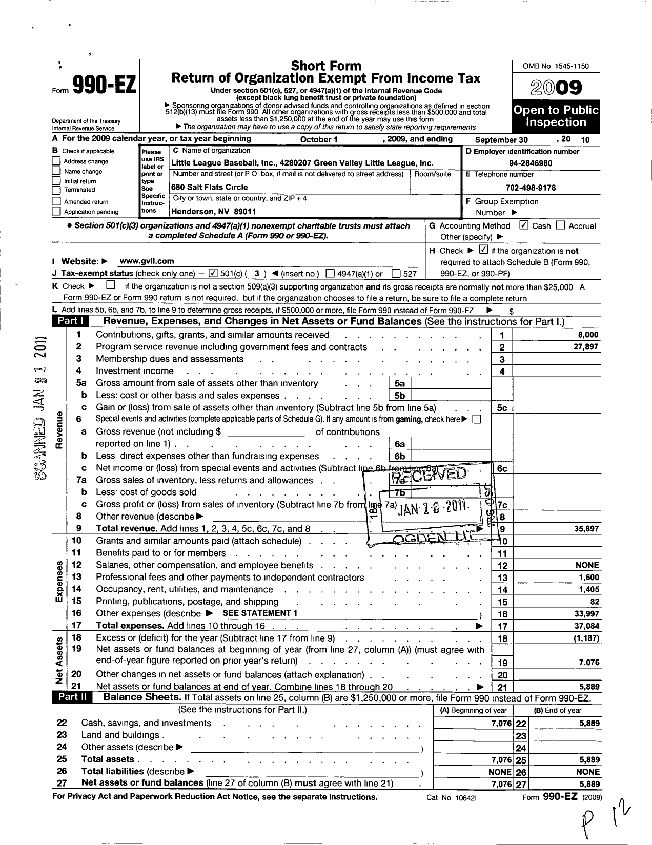 Image of first page of 2009 Form 990EZ for Little League Baseball - 4280207 Green Valley LL