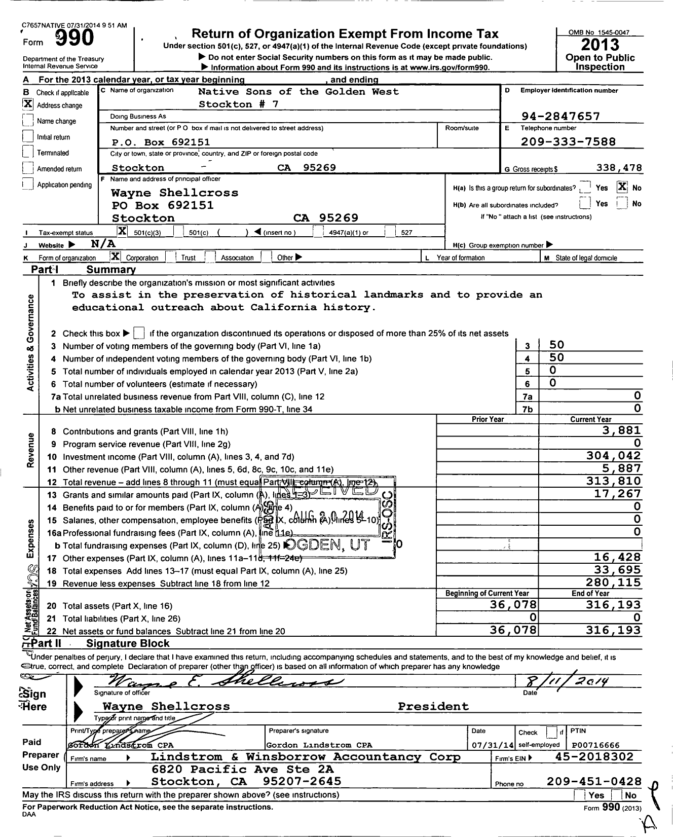 Image of first page of 2013 Form 990 for Native Sons of the Golden West - 7 Stockton San Joaquin