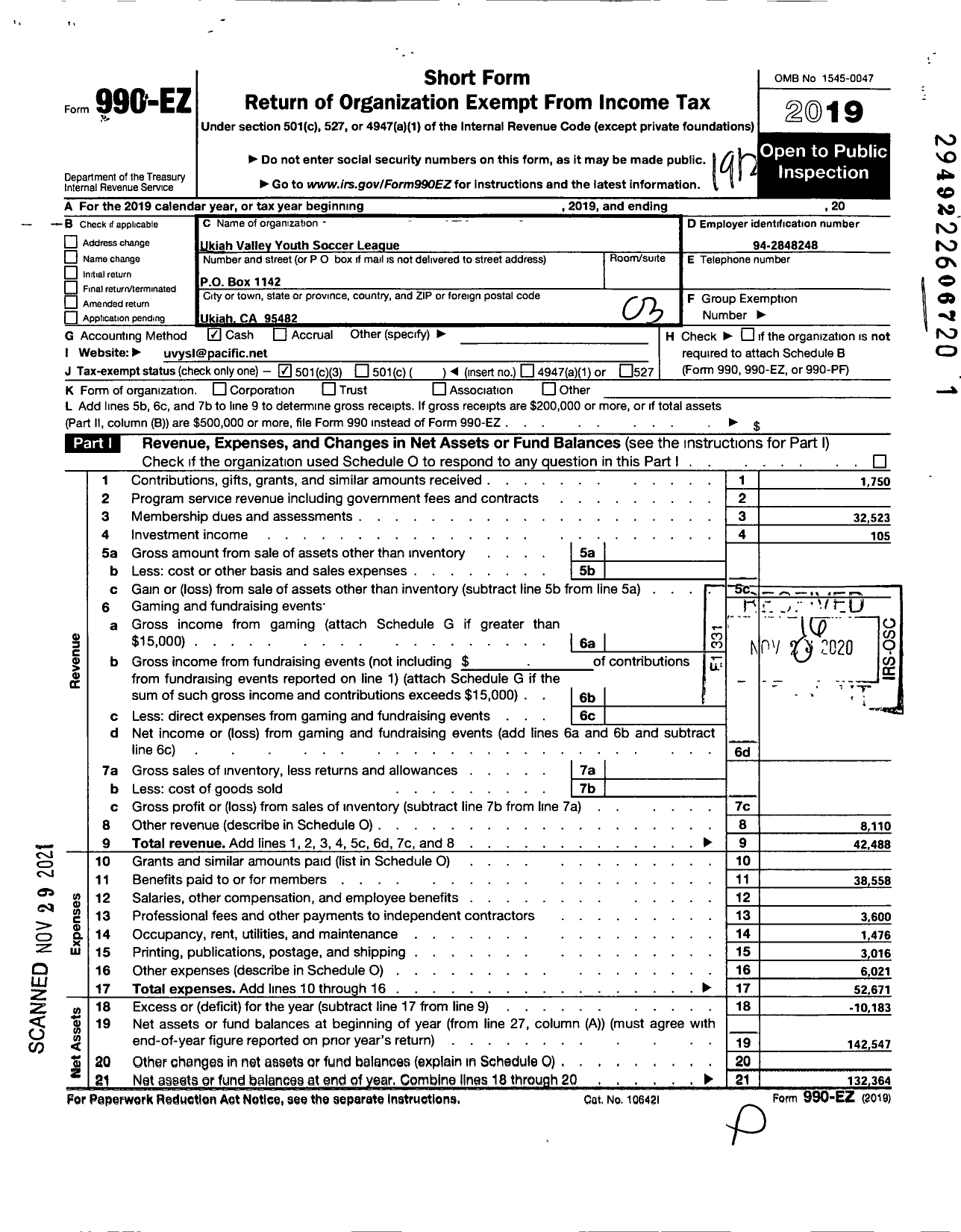 Image of first page of 2019 Form 990EZ for Ukiah Valley Youth Soccer League