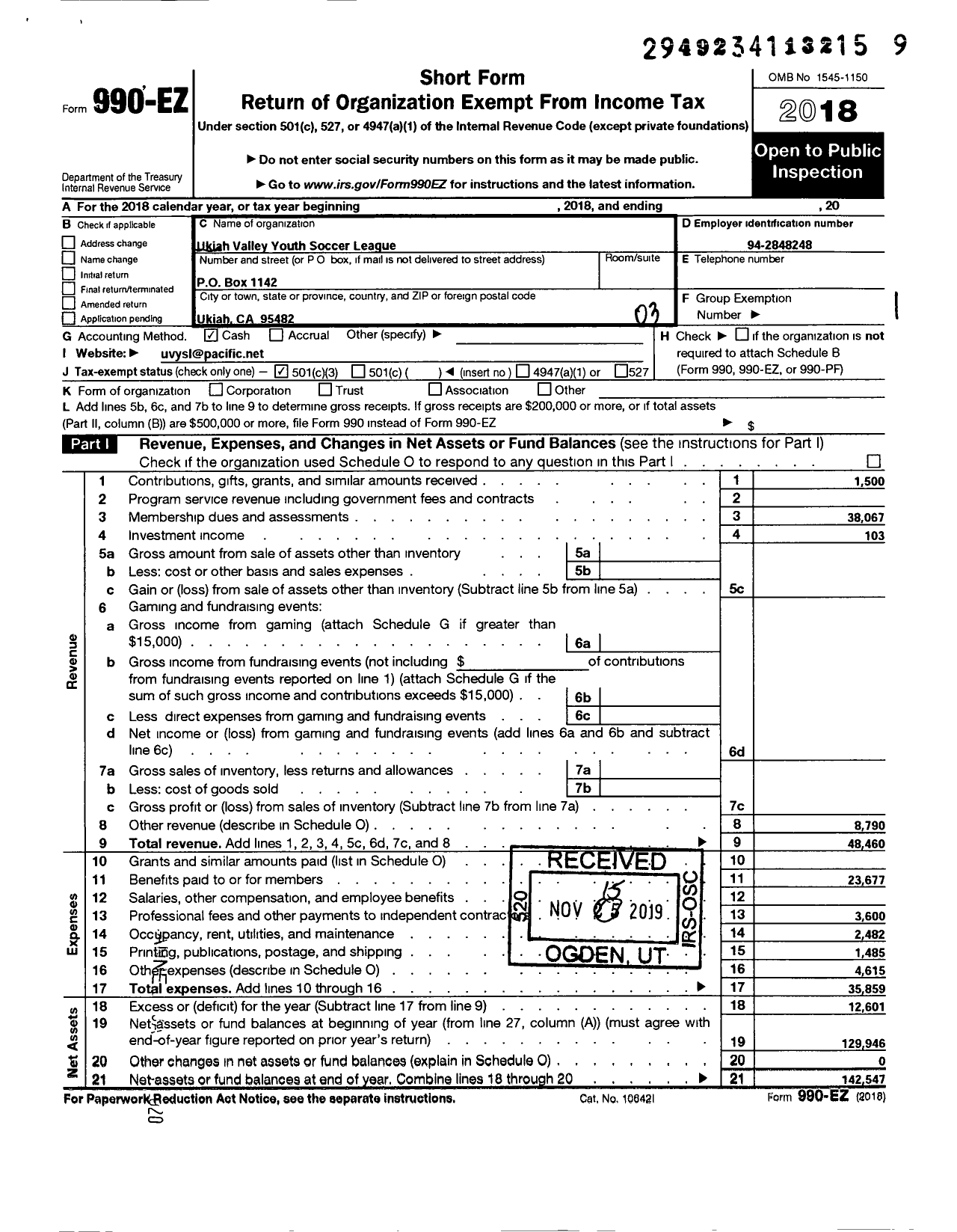 Image of first page of 2018 Form 990EZ for Ukiah Valley Youth Soccer League