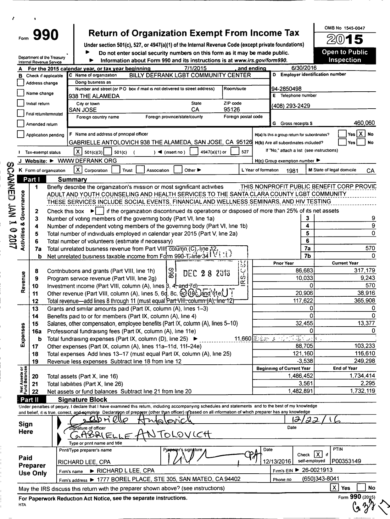 Image of first page of 2015 Form 990 for Billy Defrank LGBTQ Community Center