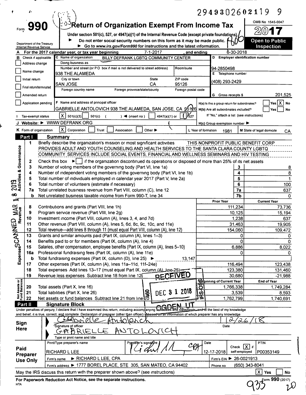 Image of first page of 2017 Form 990 for Billy Defrank LGBTQ Community Center