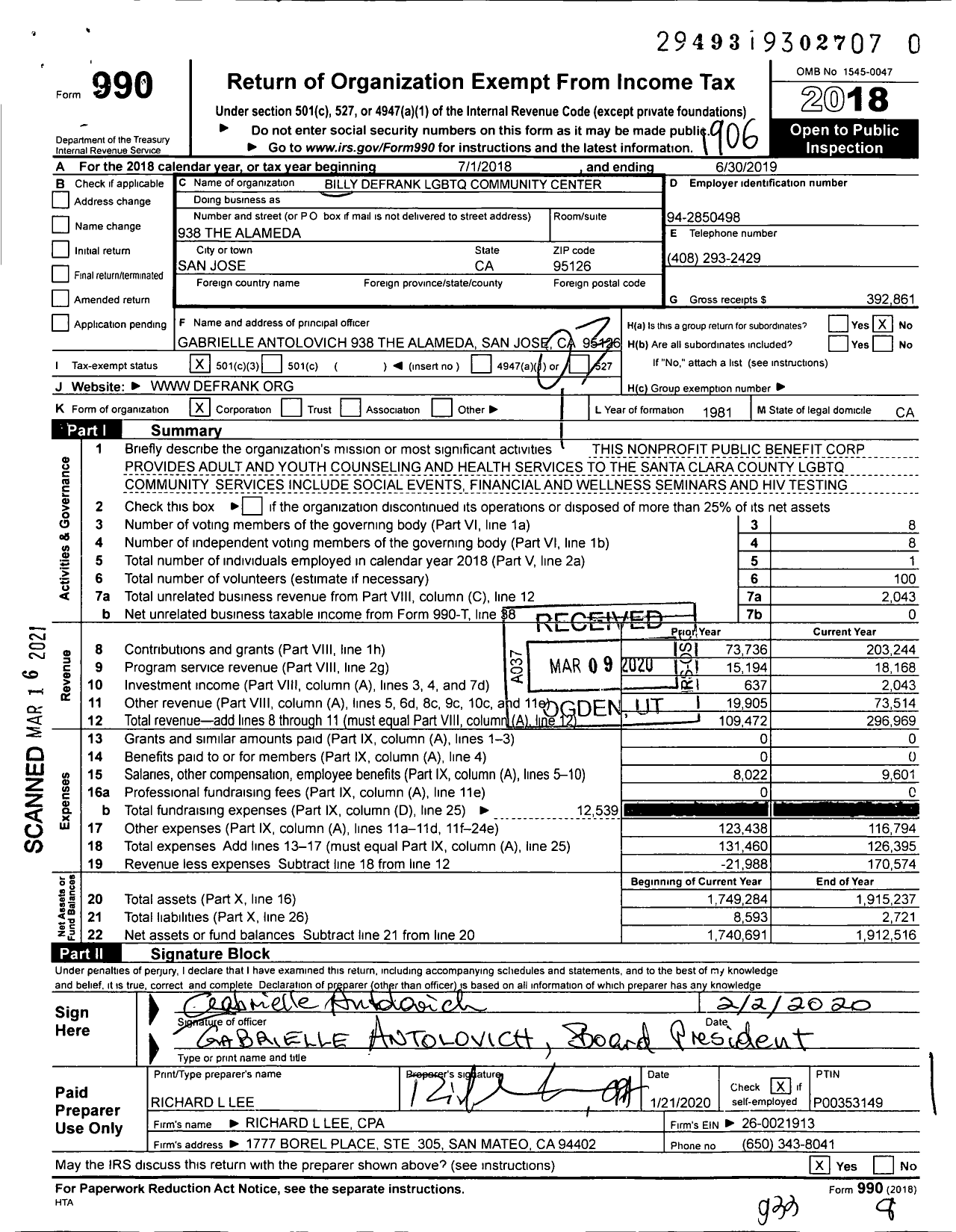 Image of first page of 2018 Form 990 for Billy Defrank LGBTQ Community Center