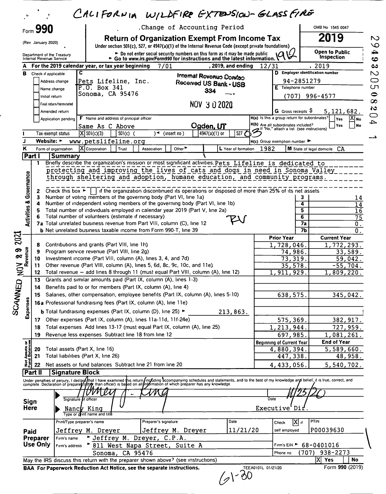 Image of first page of 2019 Form 990 for Pets Lifeline