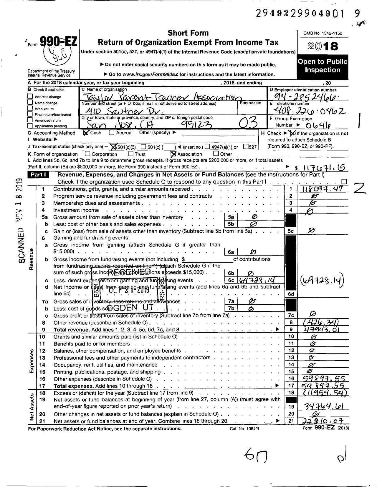 Image of first page of 2018 Form 990EZ for California State PTA - Taylor Elementary PTA