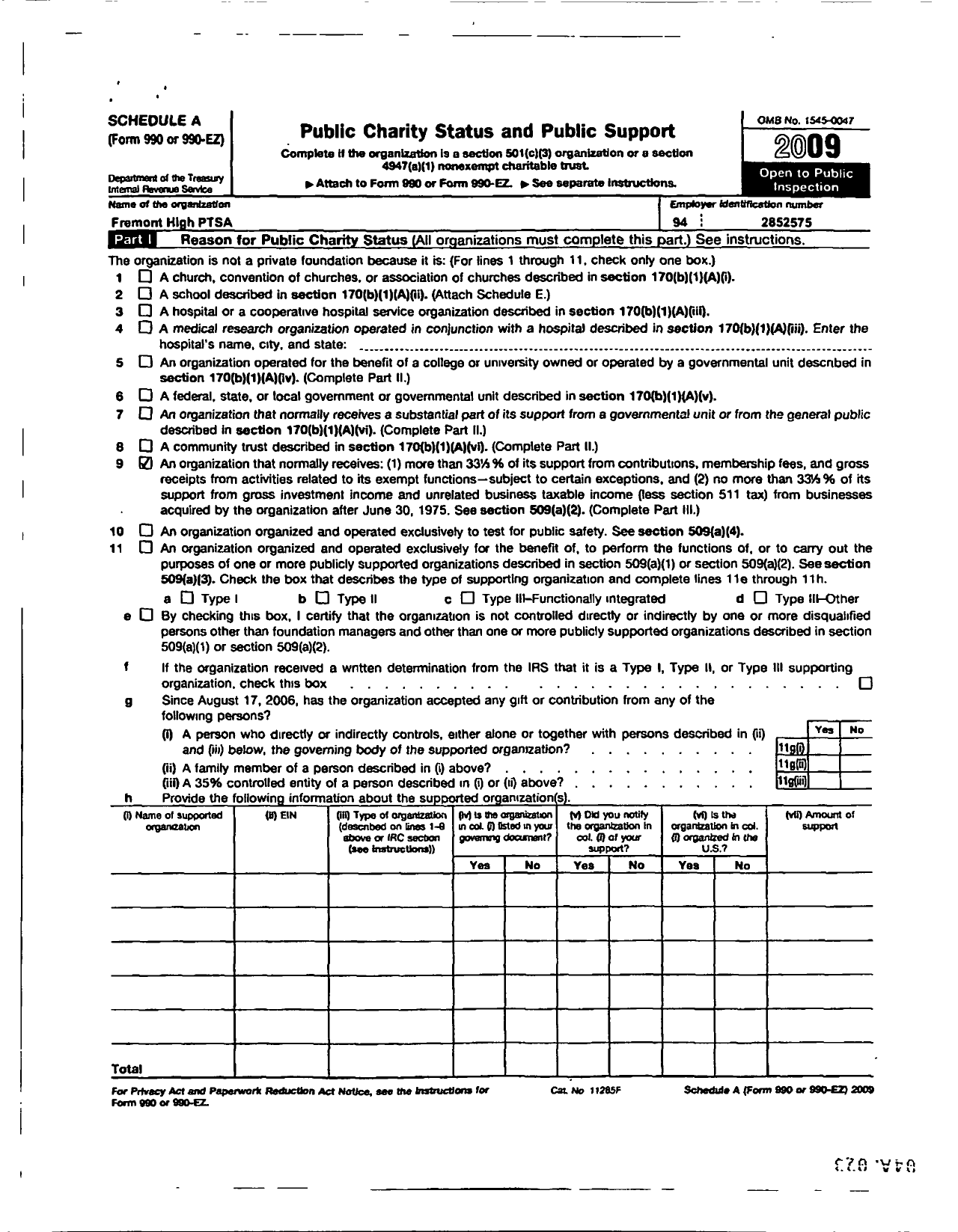 Image of first page of 2009 Form 990ER for California State PTA - 972 Fremont High Ptsa