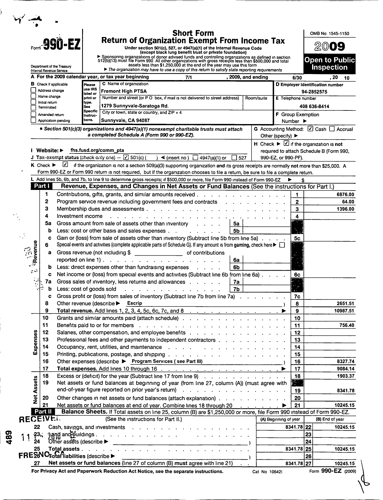 Image of first page of 2009 Form 990EO for California State PTA - 972 Fremont High Ptsa