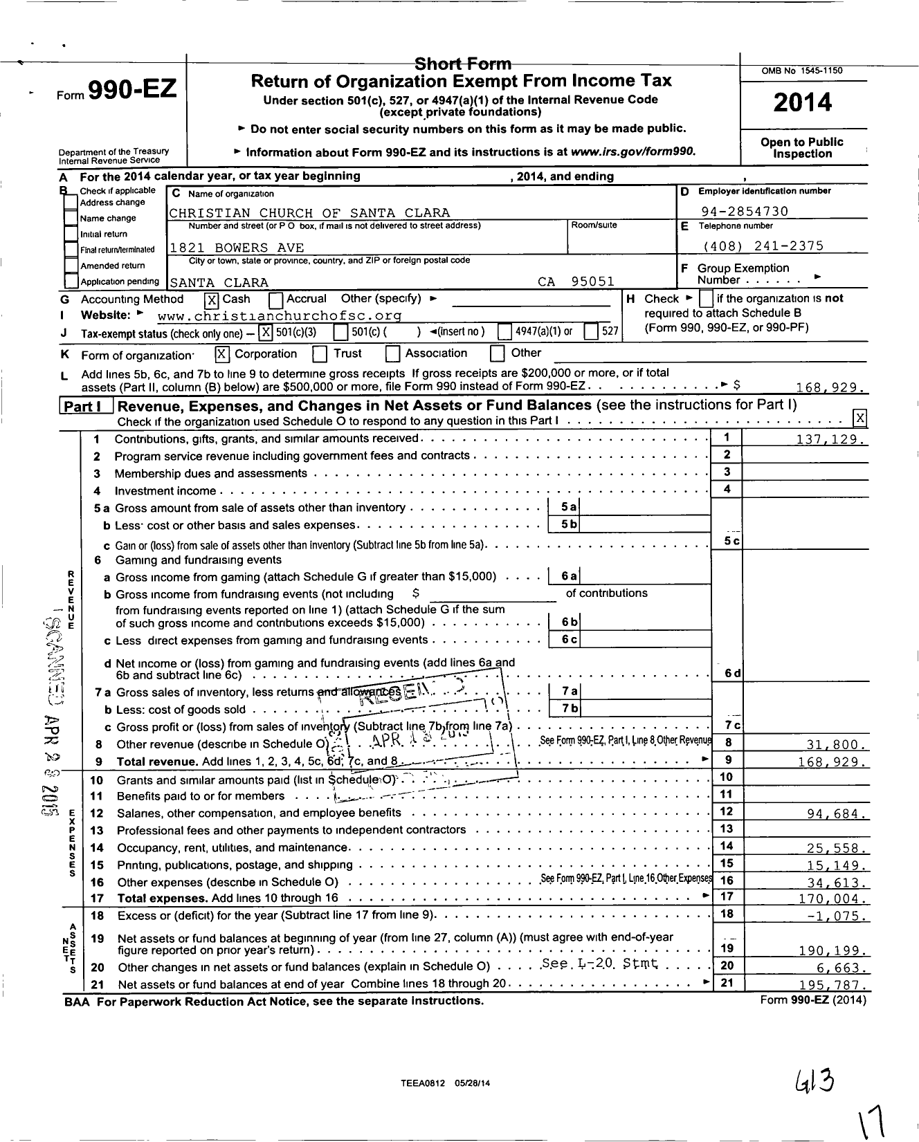 Image of first page of 2014 Form 990EZ for Christian Church of Santa Clara