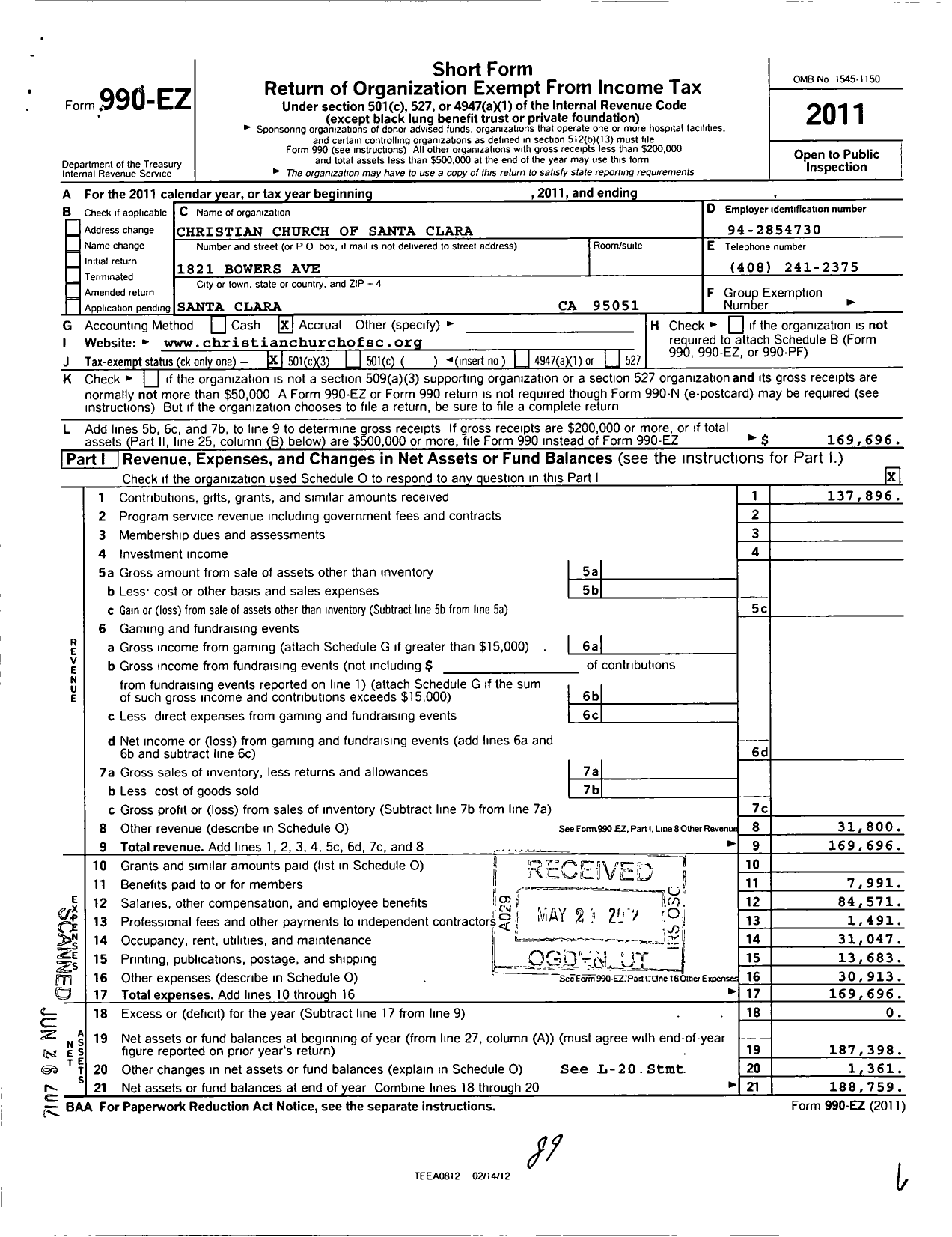 Image of first page of 2011 Form 990EZ for Christian Church of Santa Clara