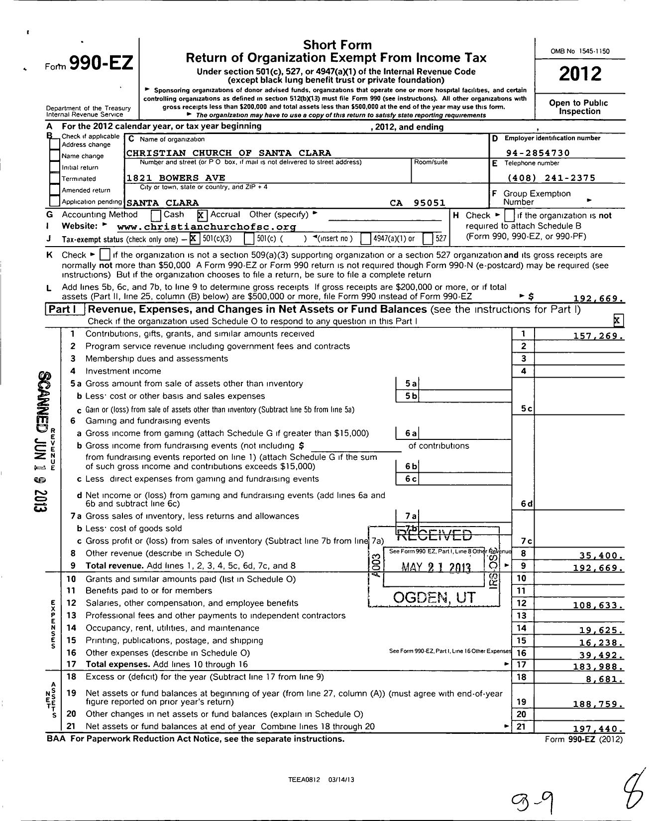 Image of first page of 2012 Form 990EZ for Christian Church of Santa Clara