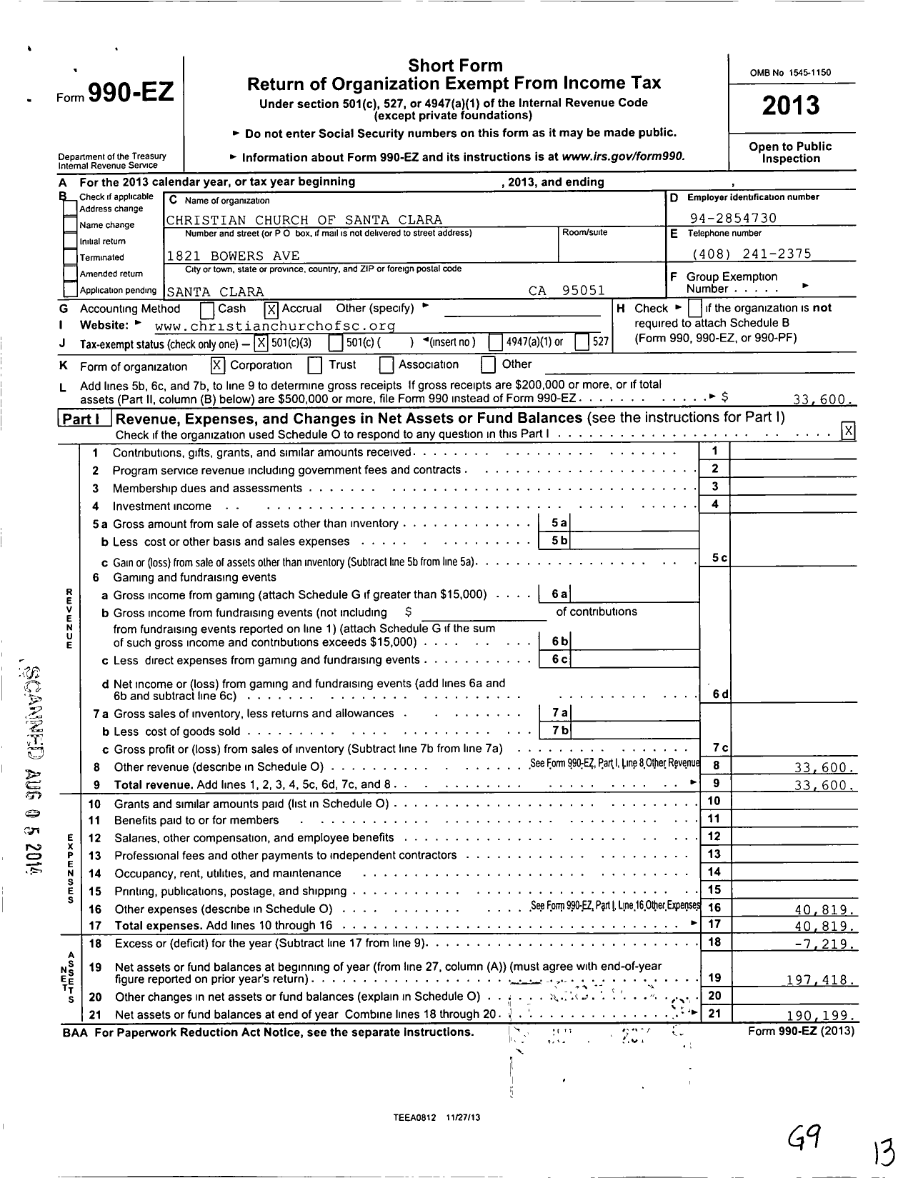 Image of first page of 2013 Form 990EZ for Christian Church of Santa Clara