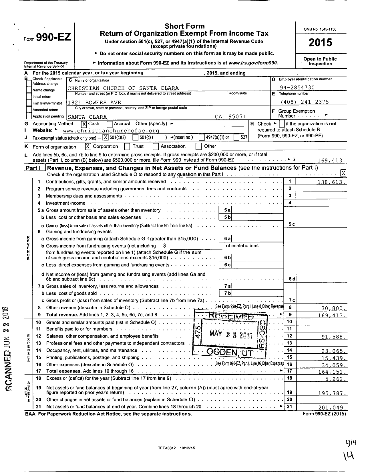 Image of first page of 2015 Form 990EZ for Christian Church of Santa Clara