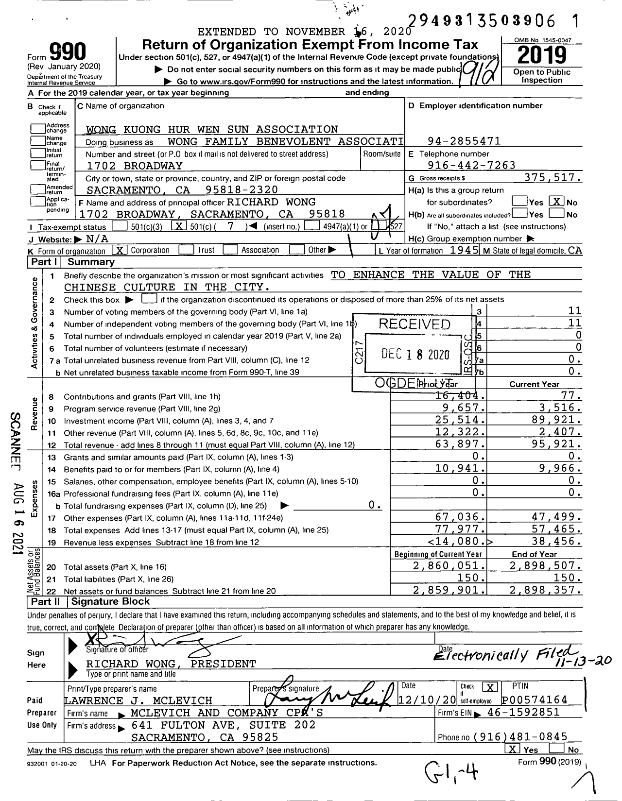 Image of first page of 2019 Form 990O for Wong Family Benevolent Association / Wong Kuong Hur Wen Sun Association