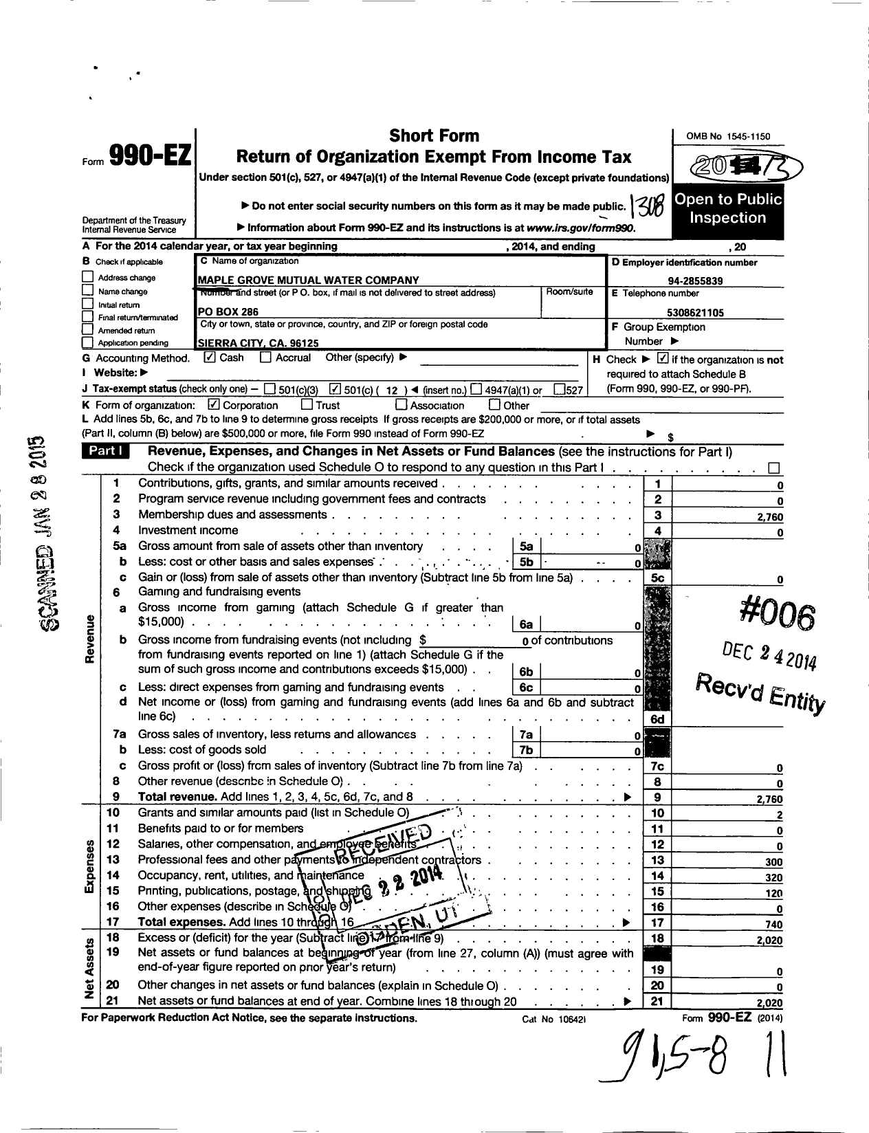 Image of first page of 2012 Form 990EO for Maple Grove Mutual Water Company