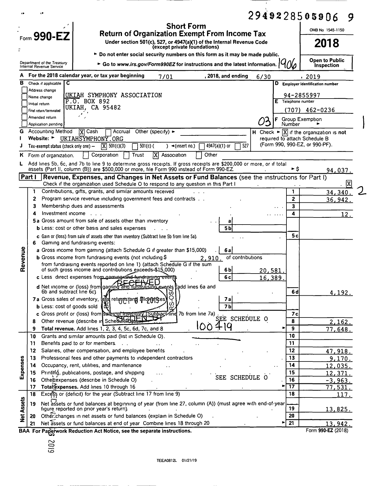 Image of first page of 2018 Form 990EZ for Ukiah Symphony Association