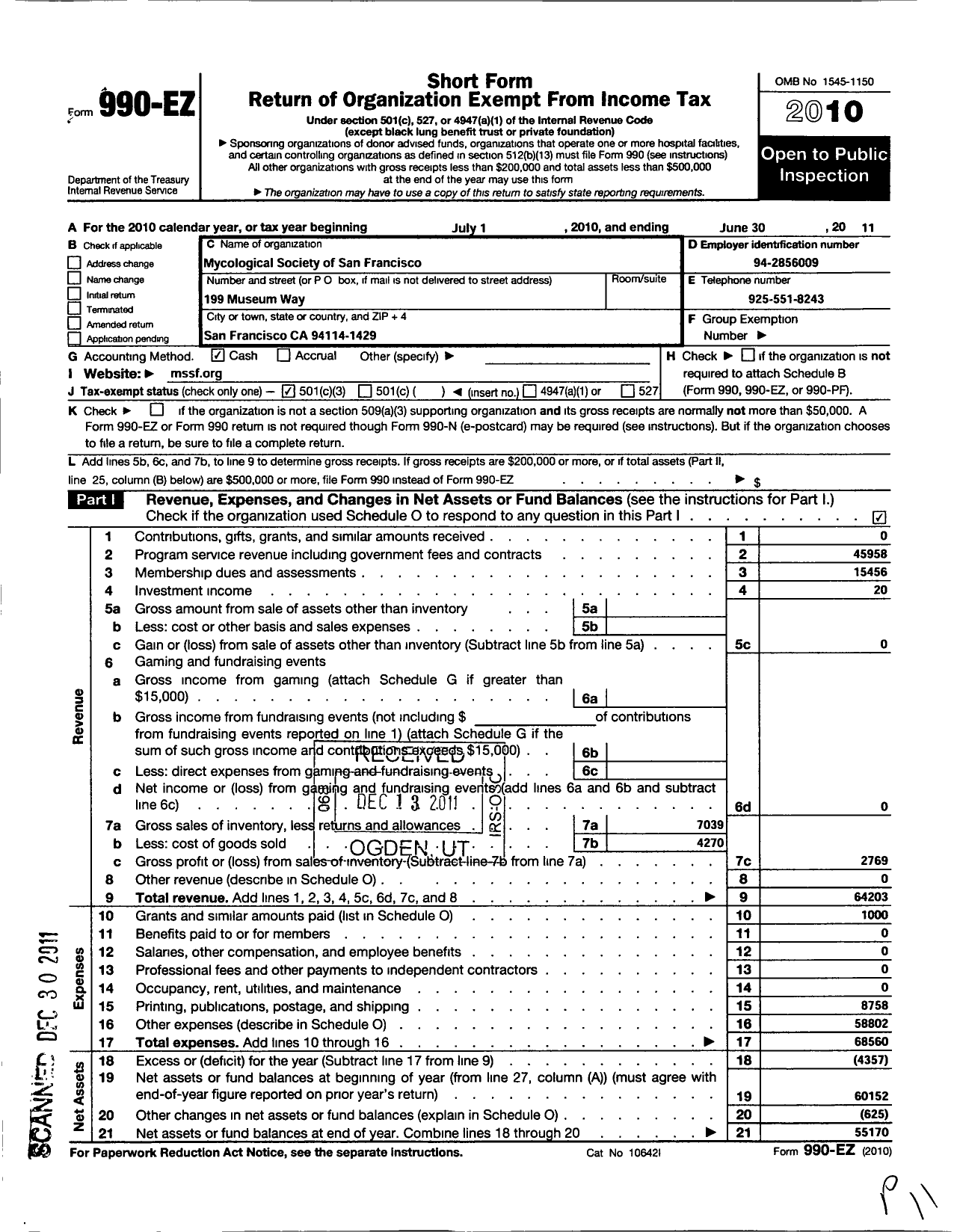 Image of first page of 2010 Form 990EZ for Mycological Society of San Francisco