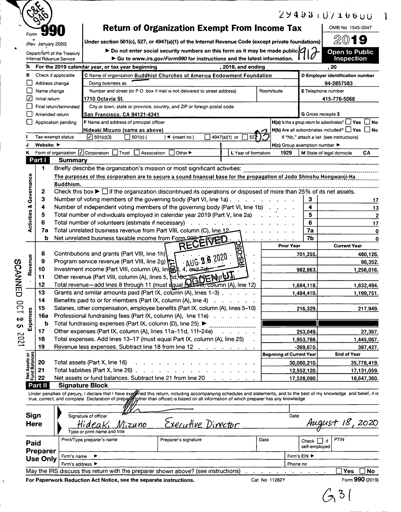 Image of first page of 2019 Form 990 for Buddhist Churches of America Endowment Foundation