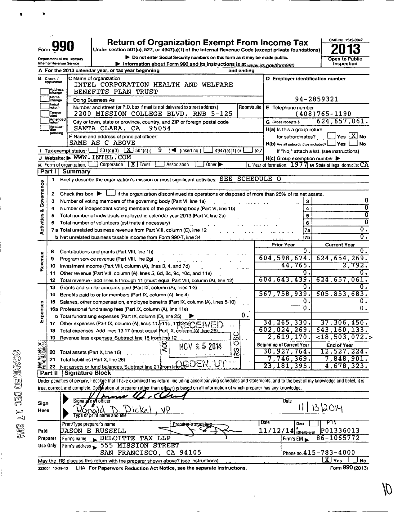 Image of first page of 2013 Form 990O for Intel Corporation Health and Welfare Benefits Plan Trust