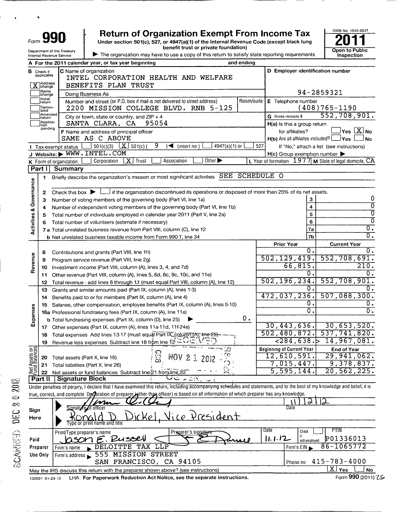 Image of first page of 2011 Form 990O for Intel Corporation Health and Welfare Benefits Plan Trust