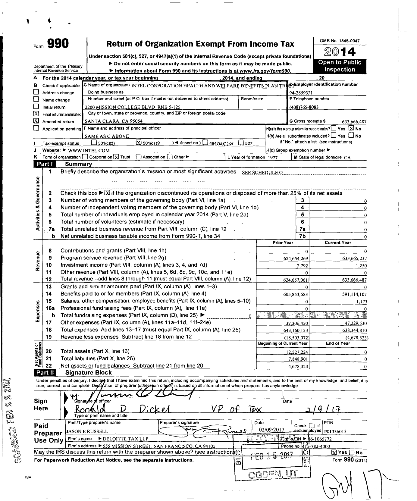 Image of first page of 2014 Form 990O for Intel Corporation Health and Welfare Benefits Plan Trust