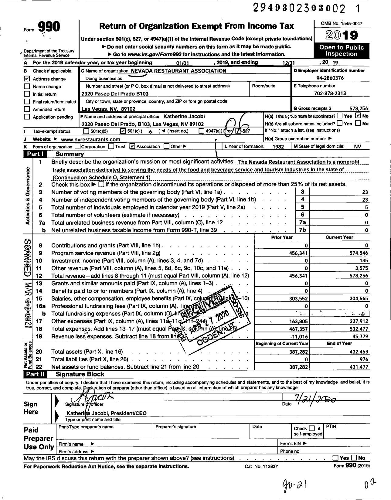 Image of first page of 2019 Form 990O for Nevada Restaurant Association