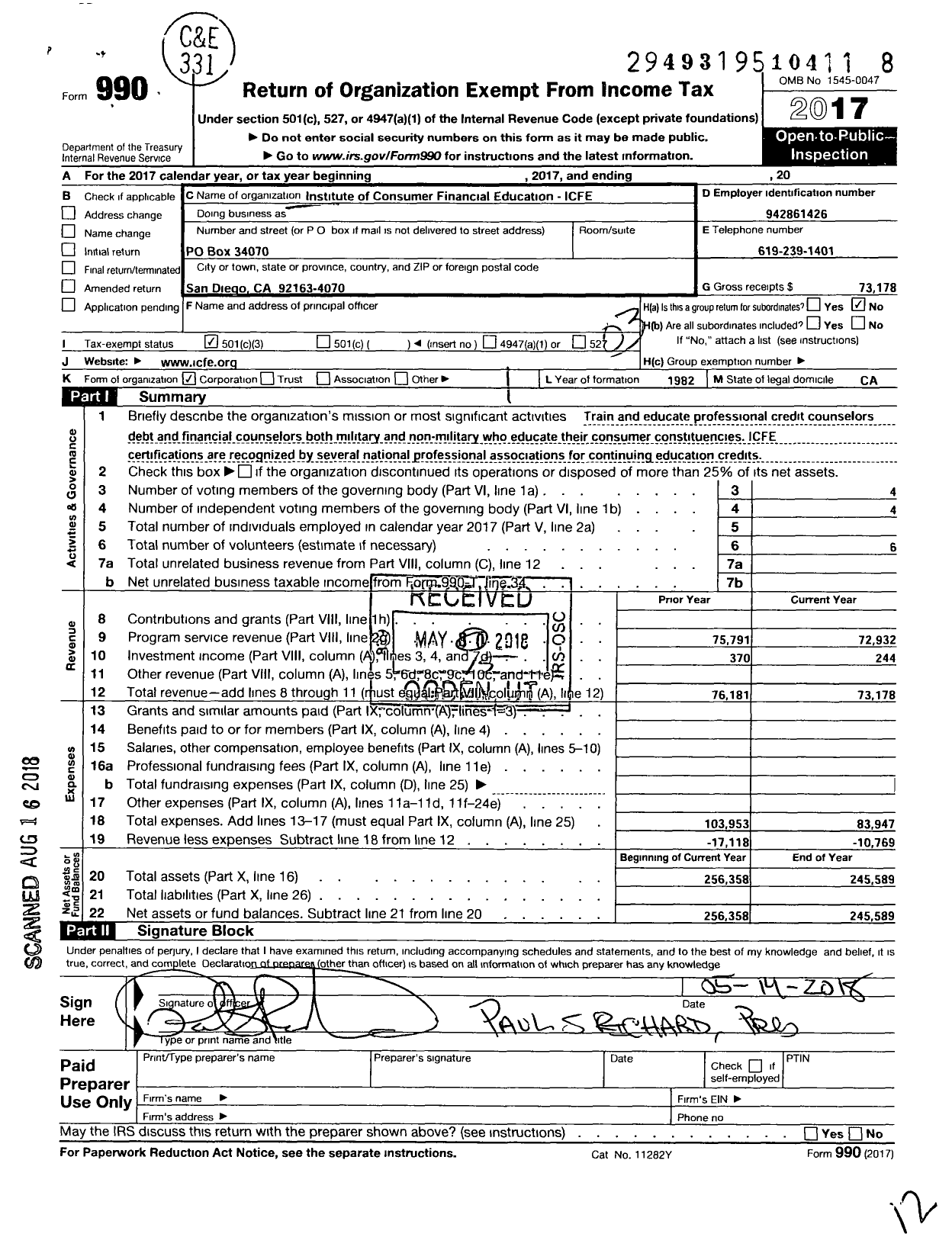 Image of first page of 2017 Form 990 for Institute of Consumer Financial Education-ICFE