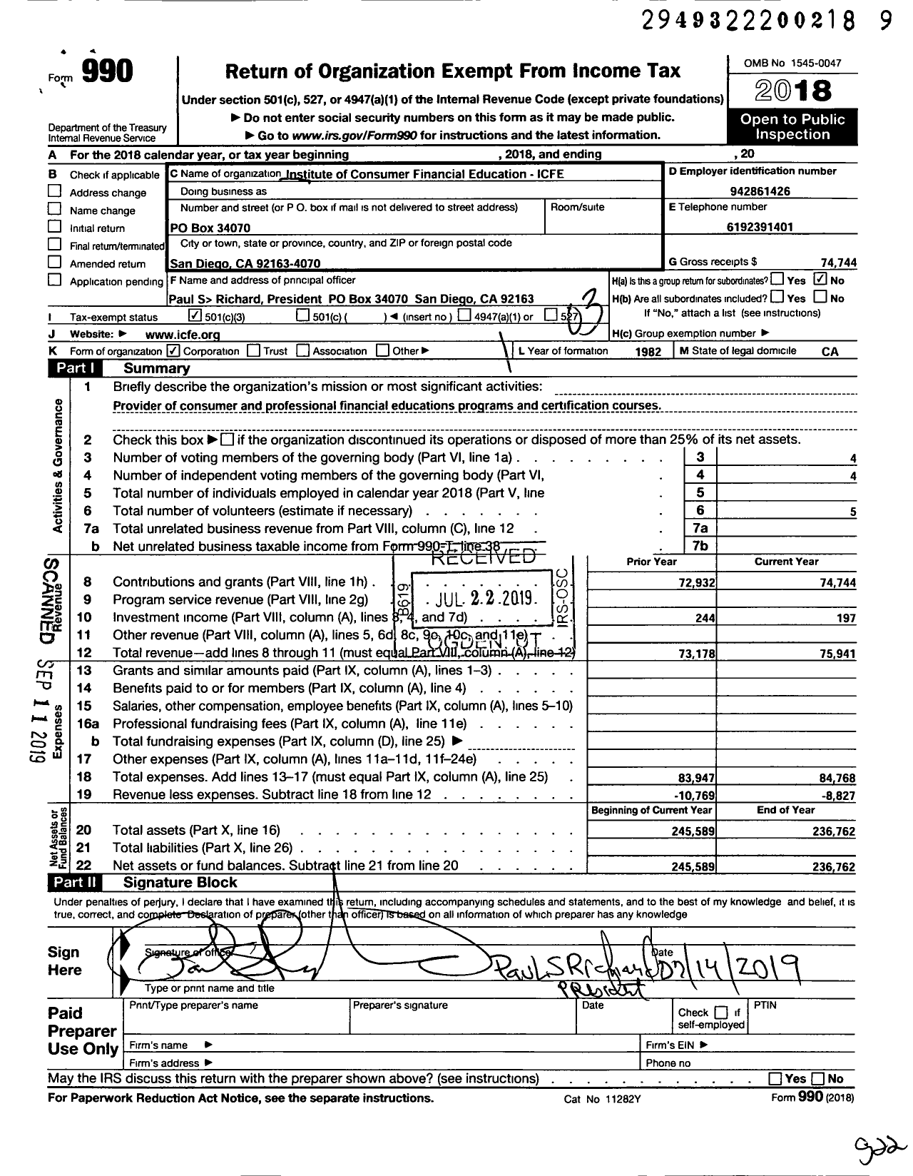 Image of first page of 2018 Form 990 for Institute of Consumer Financial Education-ICFE