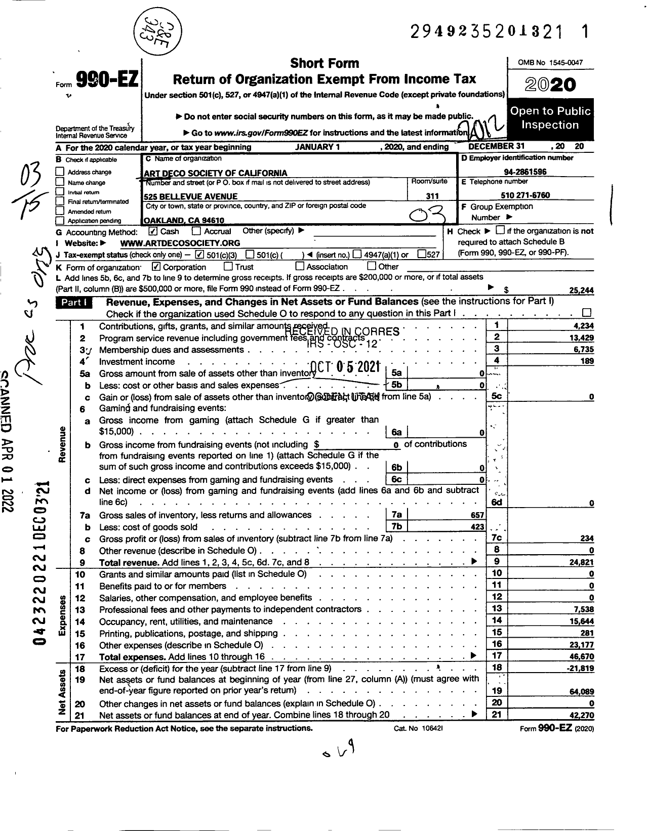 Image of first page of 2020 Form 990EZ for Art Deco Society of California