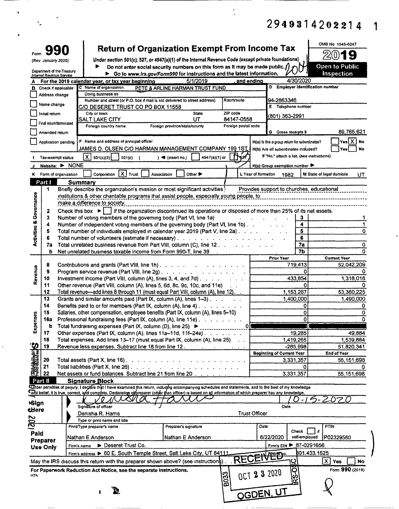 Image of first page of 2019 Form 990 for Pete and Arline Harman Trust Fund