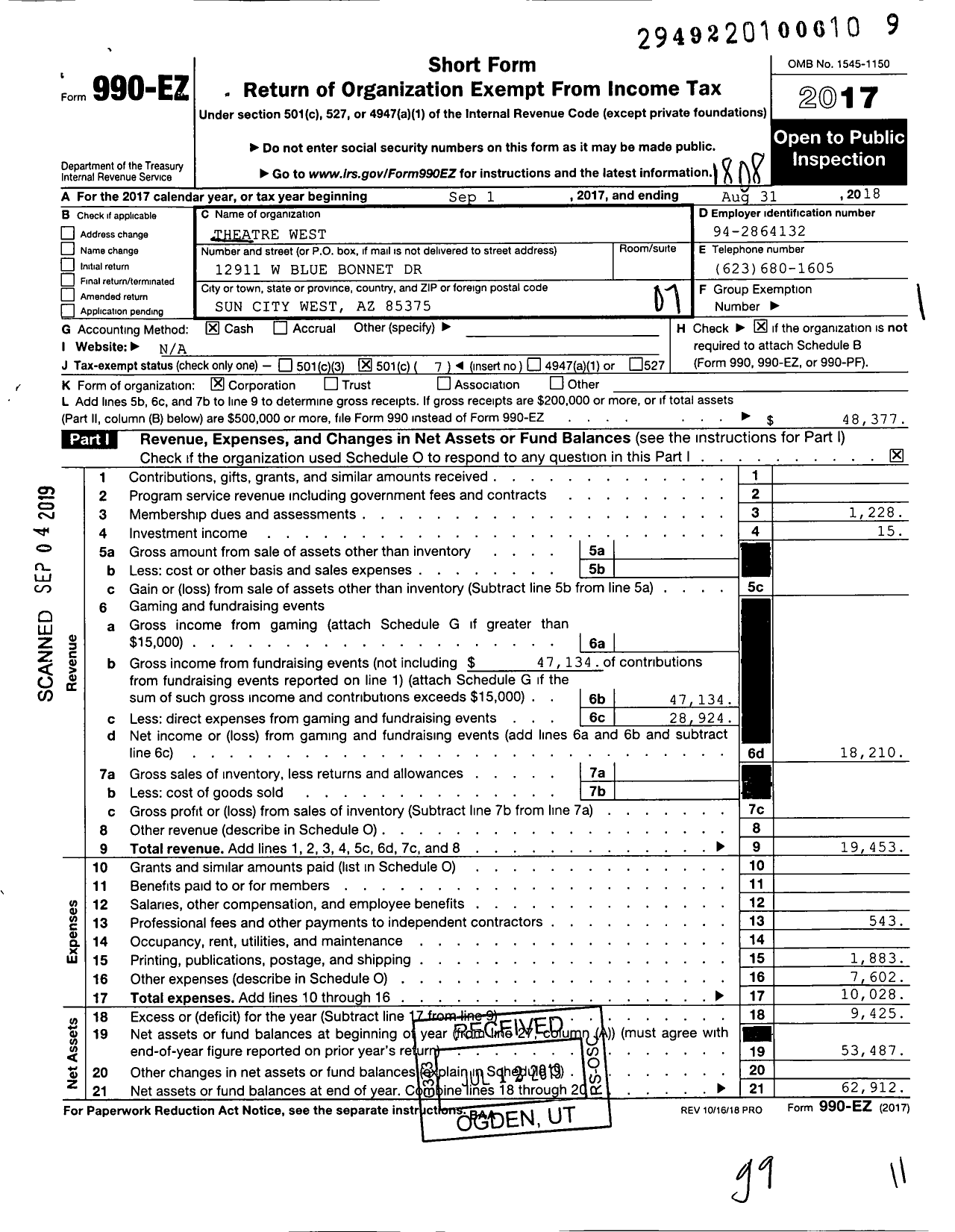 Image of first page of 2017 Form 990EO for Theatre West