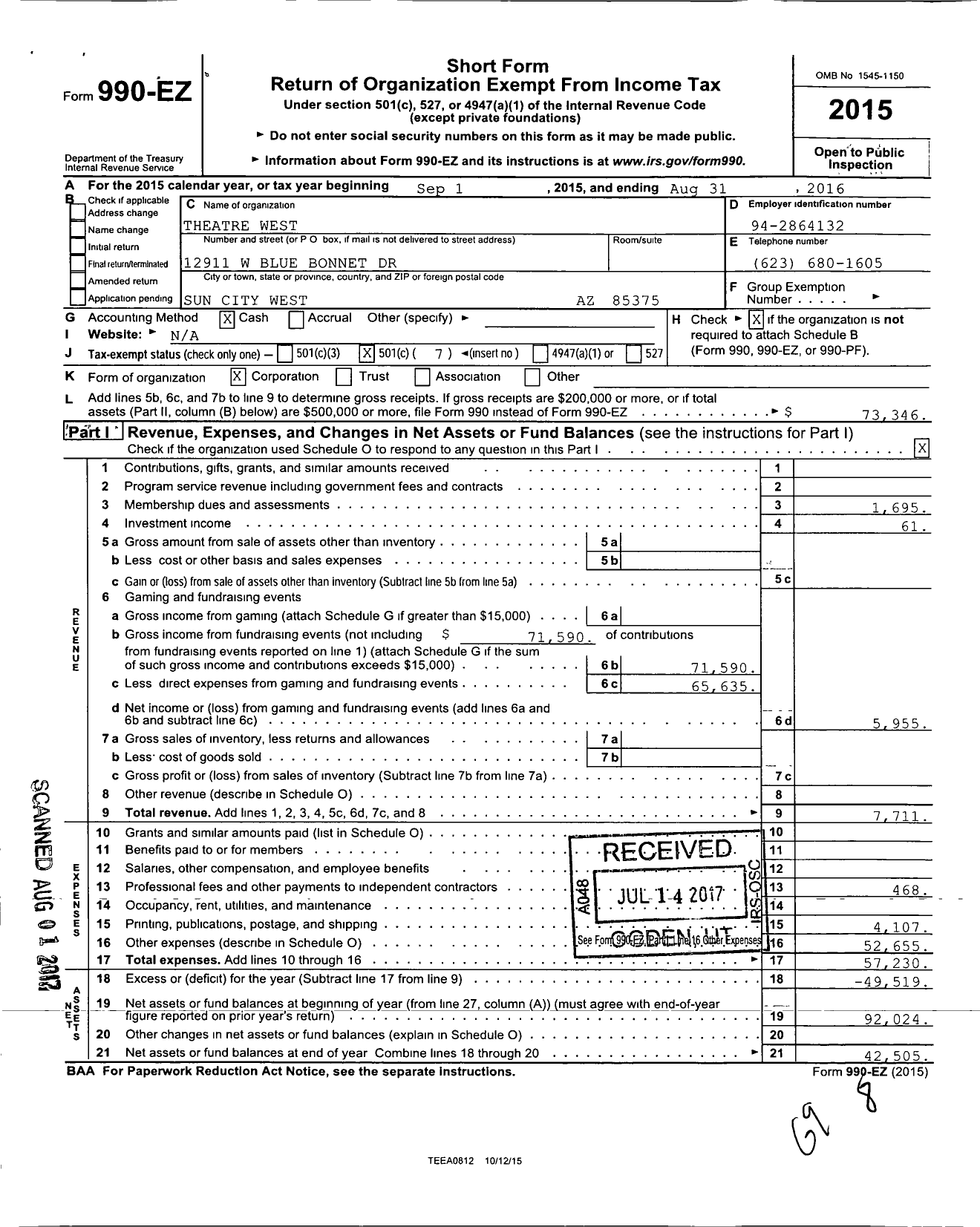 Image of first page of 2015 Form 990EO for Theatre West