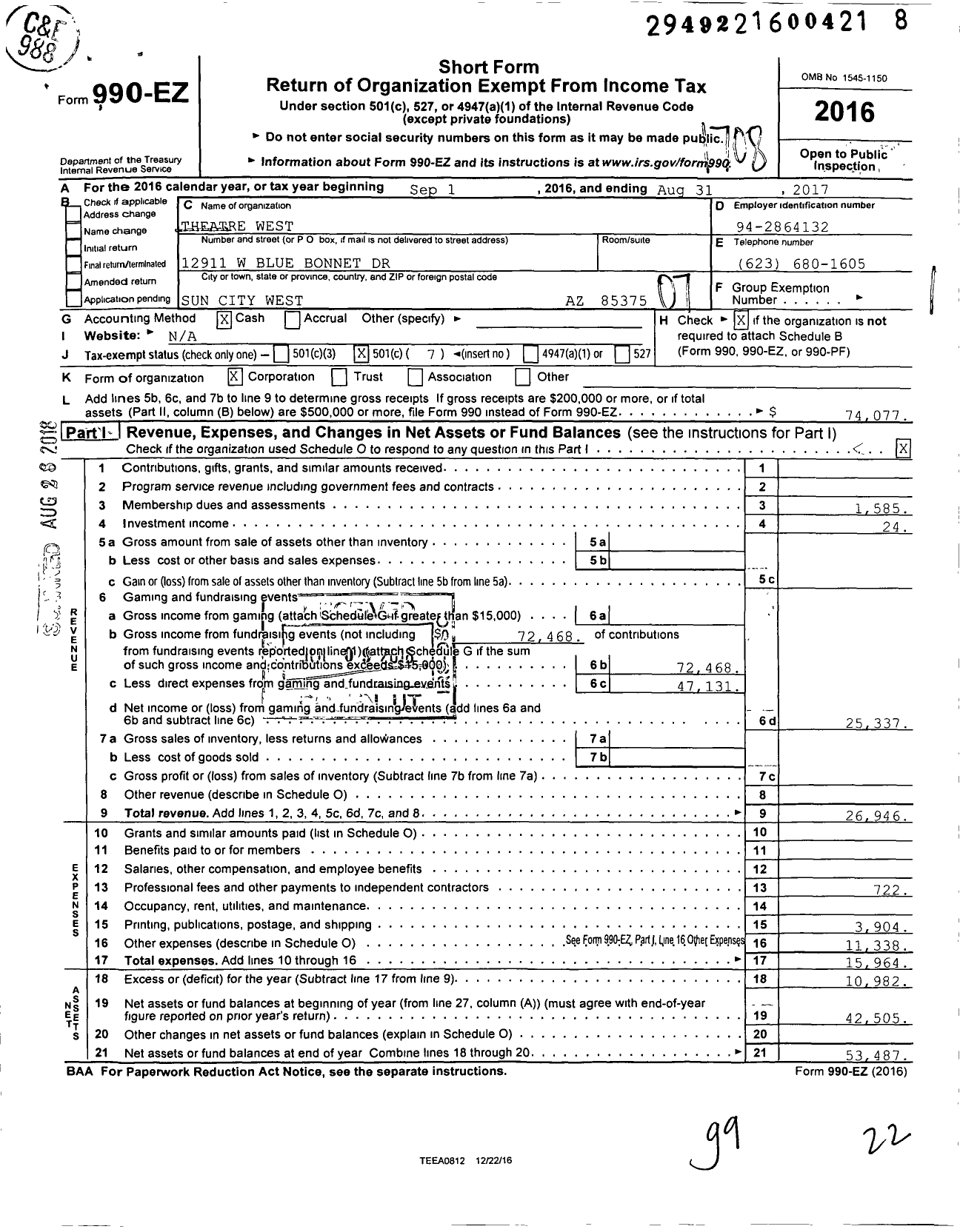 Image of first page of 2016 Form 990EO for Theatre West