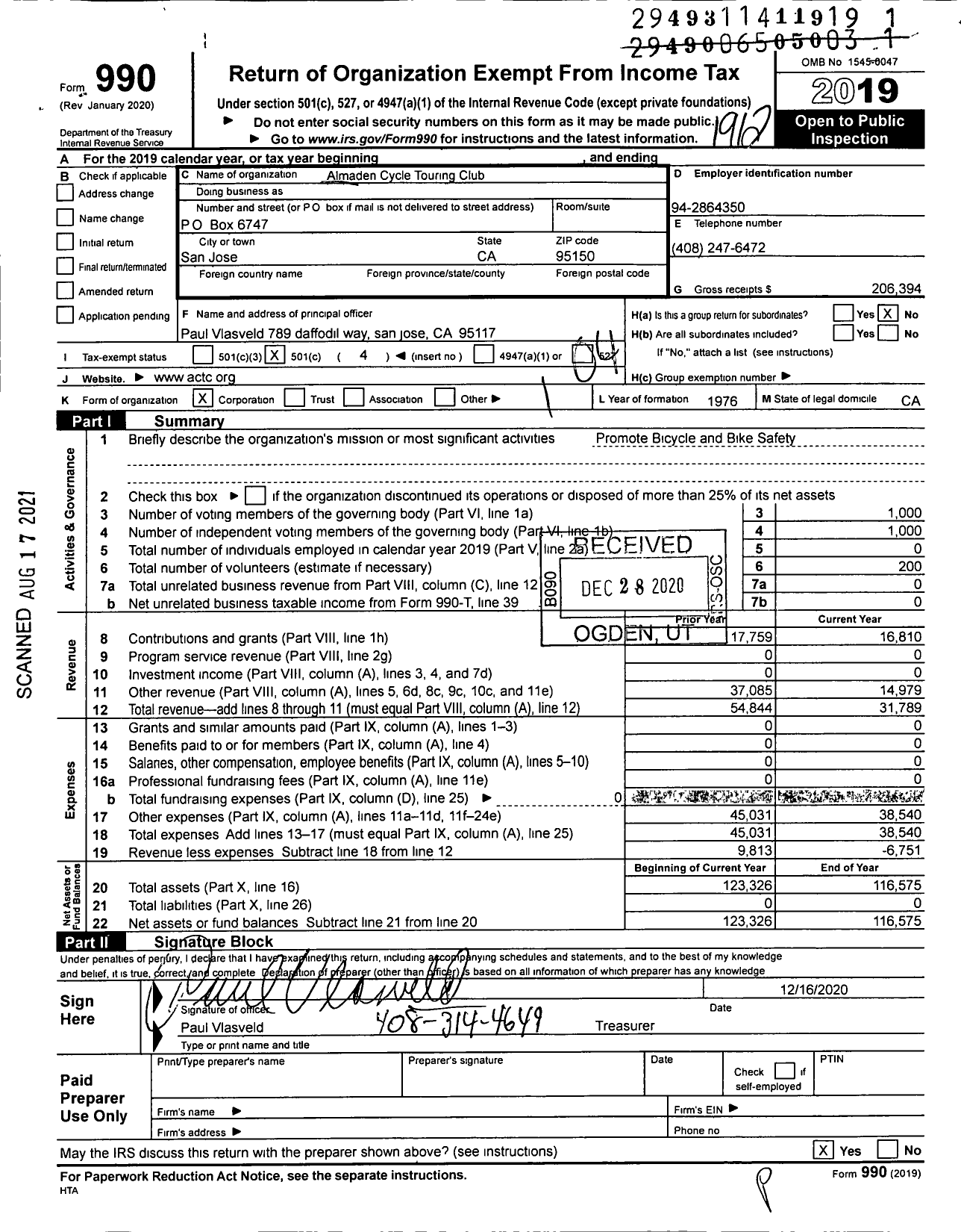 Image of first page of 2019 Form 990O for Almaden Cycle Touring Club