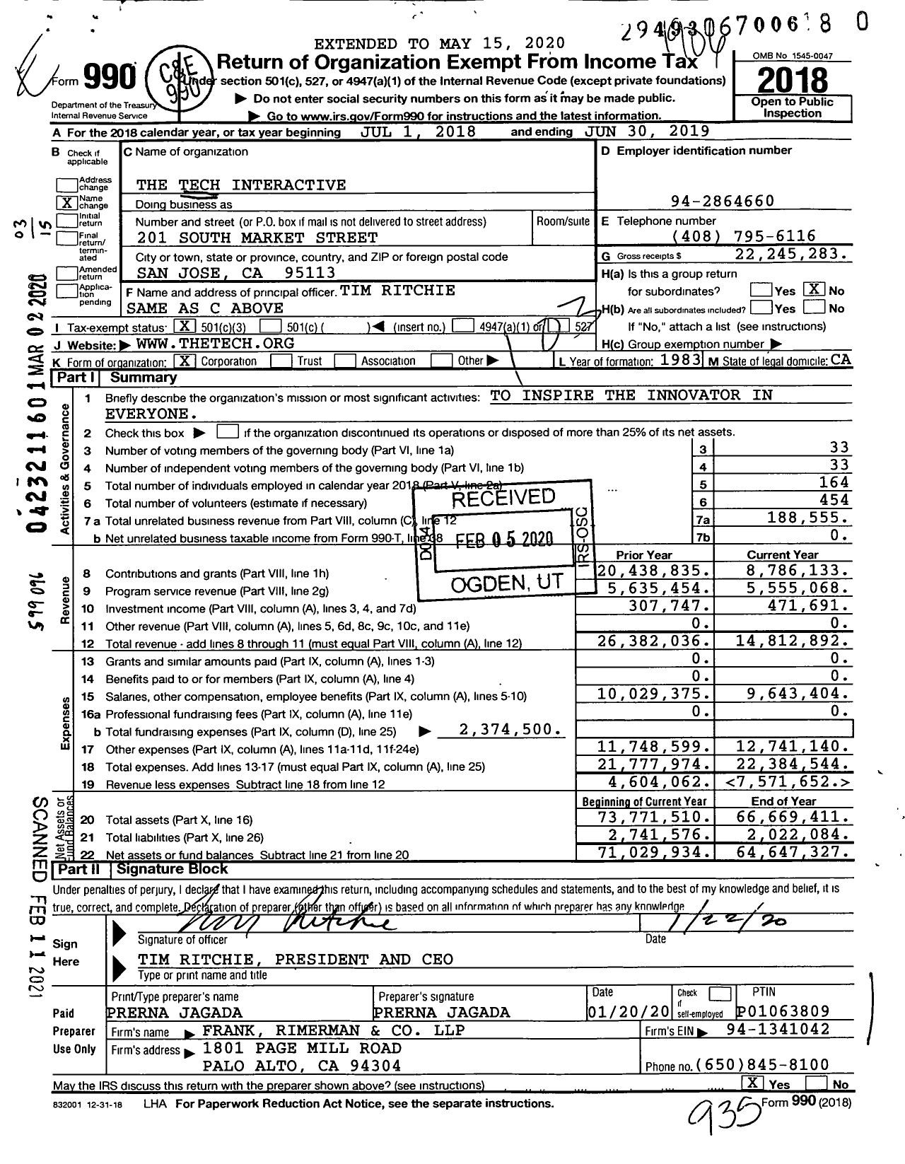 Image of first page of 2018 Form 990 for The Tech Interactive