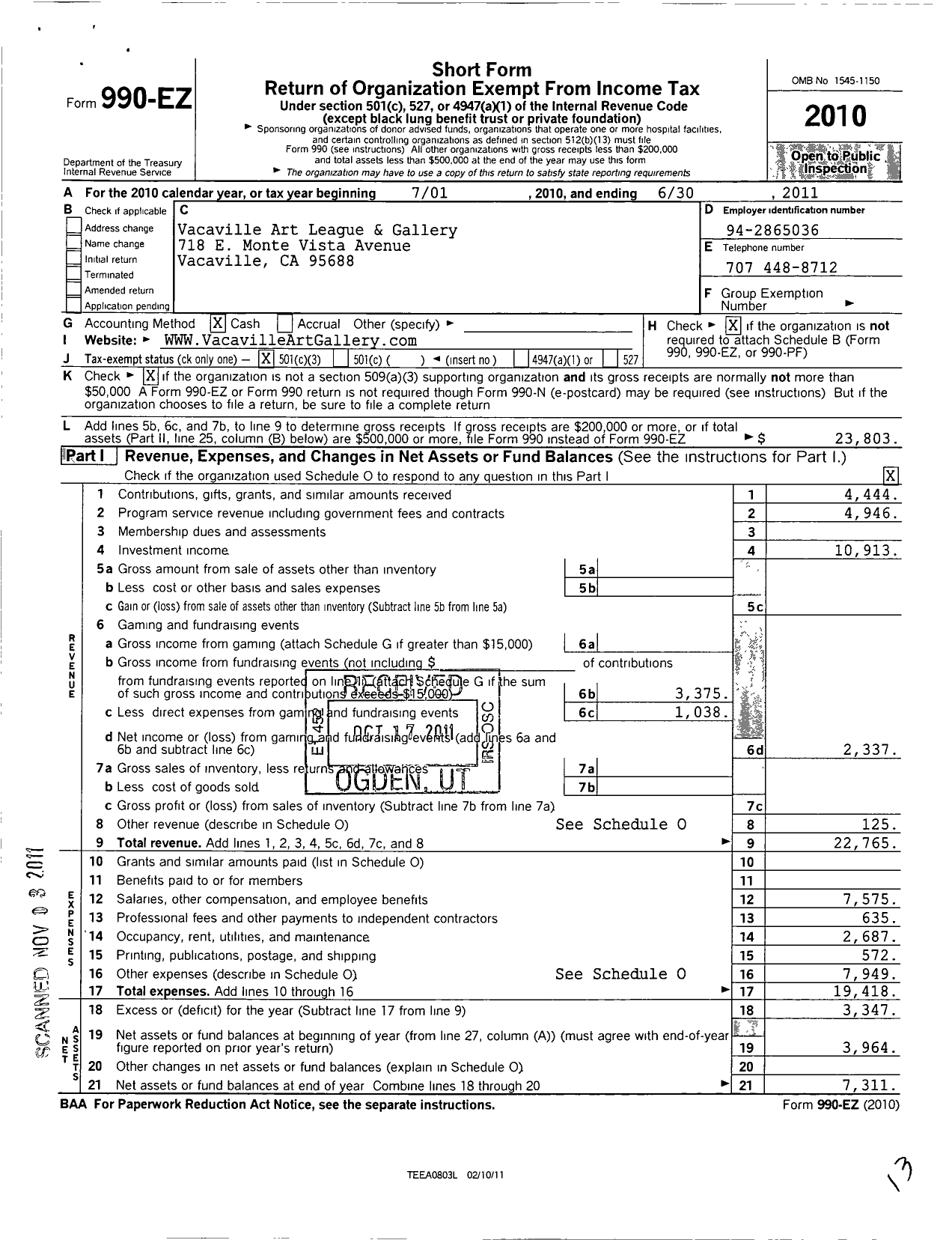 Image of first page of 2010 Form 990EZ for Vacaville Art Gallery