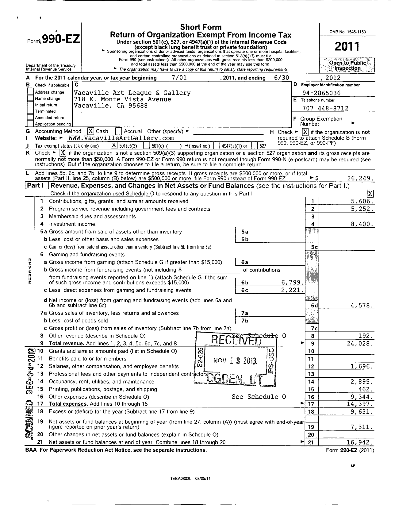 Image of first page of 2011 Form 990EZ for Vacaville Art Gallery