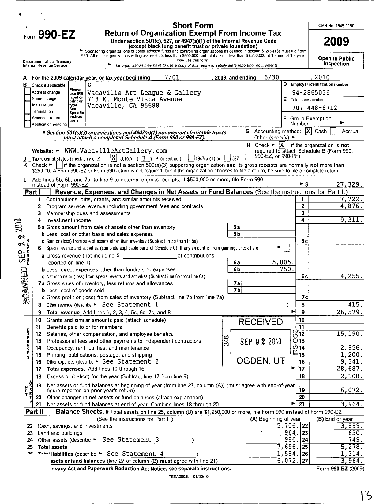 Image of first page of 2009 Form 990EZ for Vacaville Art Gallery