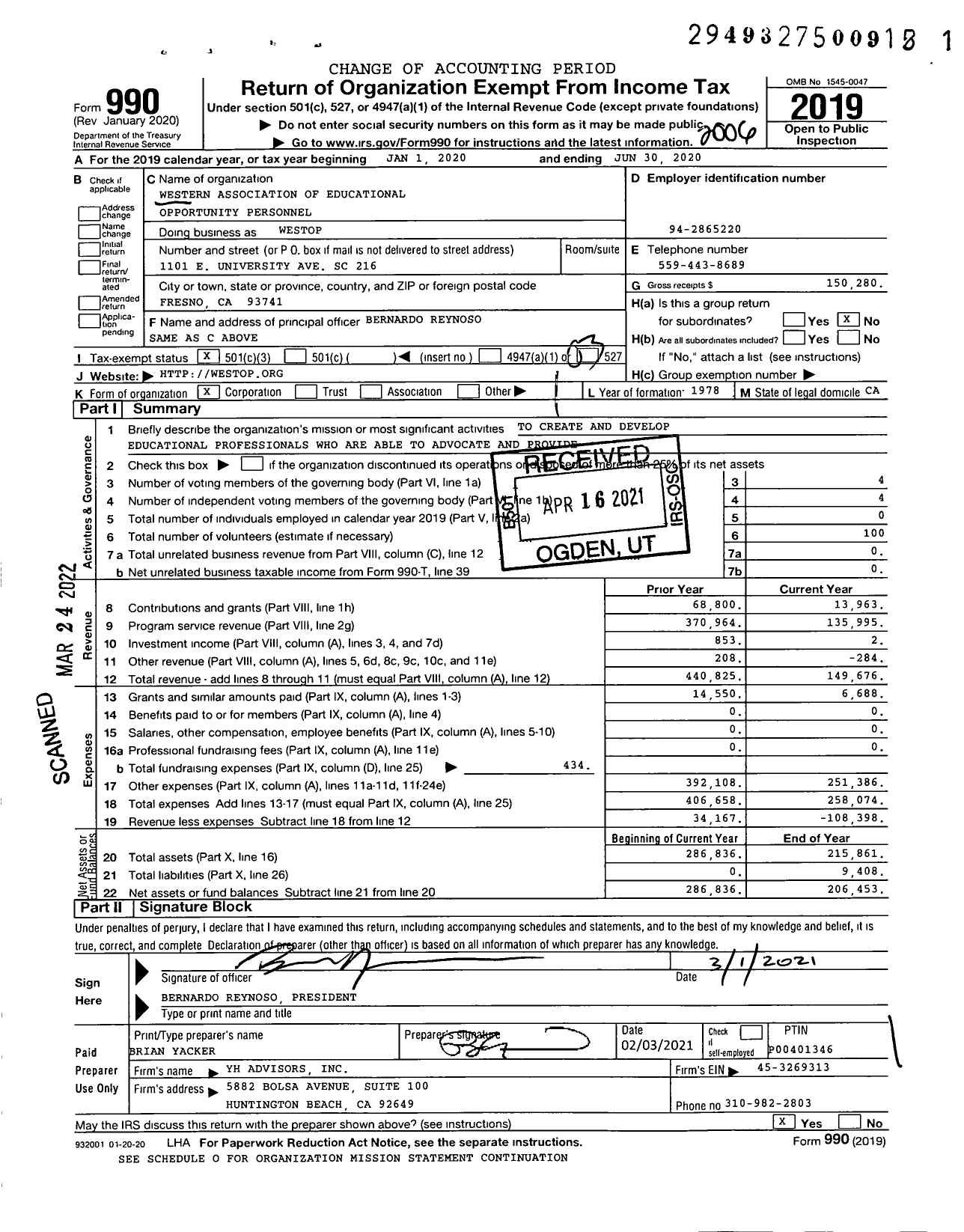 Image of first page of 2019 Form 990 for Westop