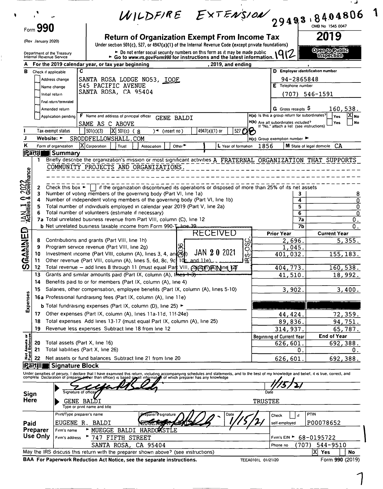 Image of first page of 2019 Form 990O for Independent Order of Odd Fellows - 53 Santa Rosa Lodge